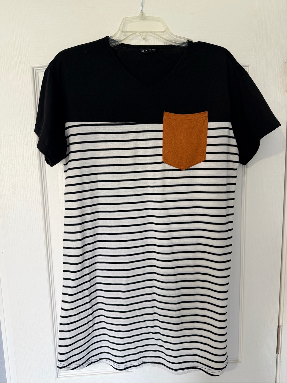[SHEIN] Black & White Striped T-Shirt Dress with Rust Front Pocket